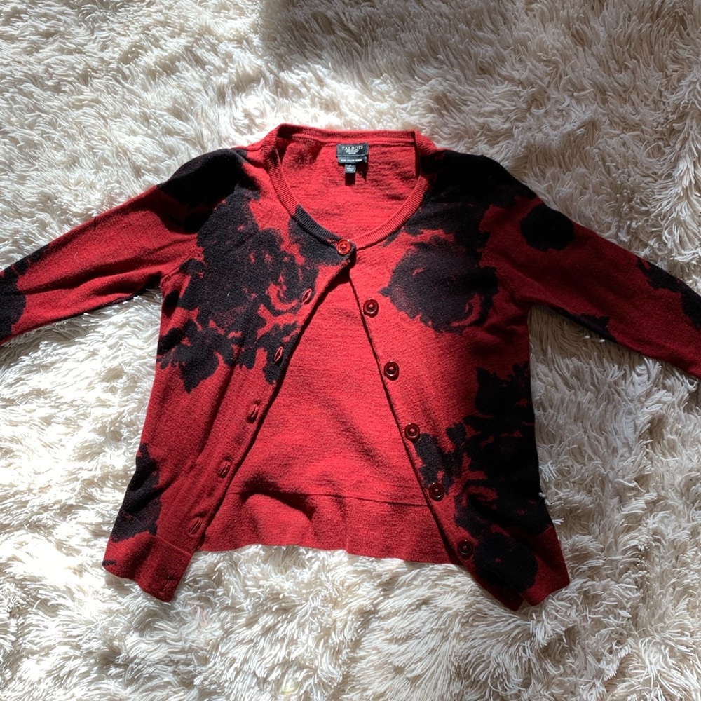 talbots red small sweater black roses